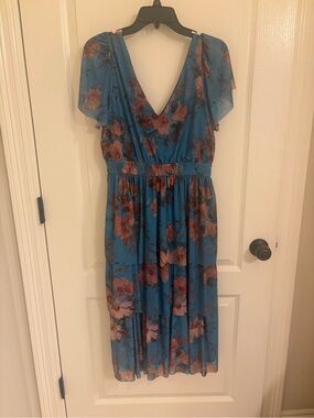 Maurices Teal Floral V-Neck Midi Dress